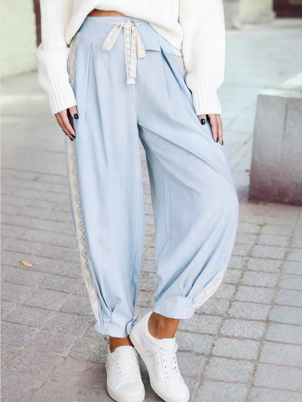 Solid Embroidery Stretch High Waist Pants