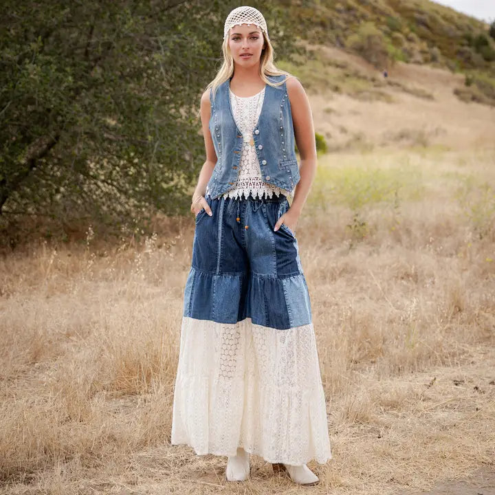 Boho Tiered Patch Inserted Denim Lace & Knit Pants in Ivory