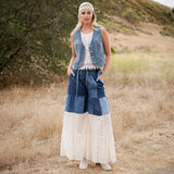 Boho Tiered Patch Inserted Denim Lace & Knit Pants in Ivory