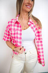 Laidback Grid Woven Top - Neon Pink
