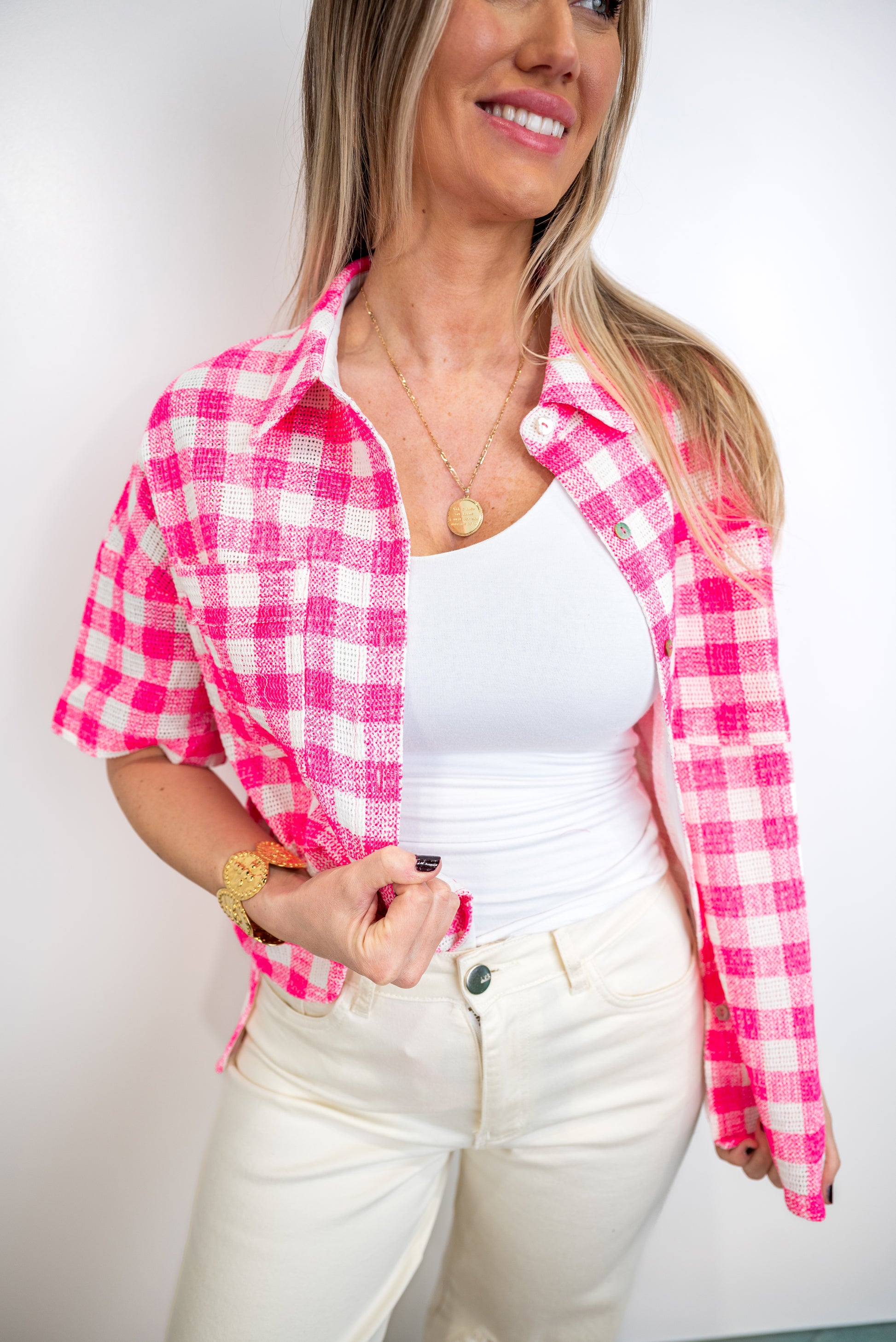 Laidback Grid Woven Top - Neon Pink *Final Sale*