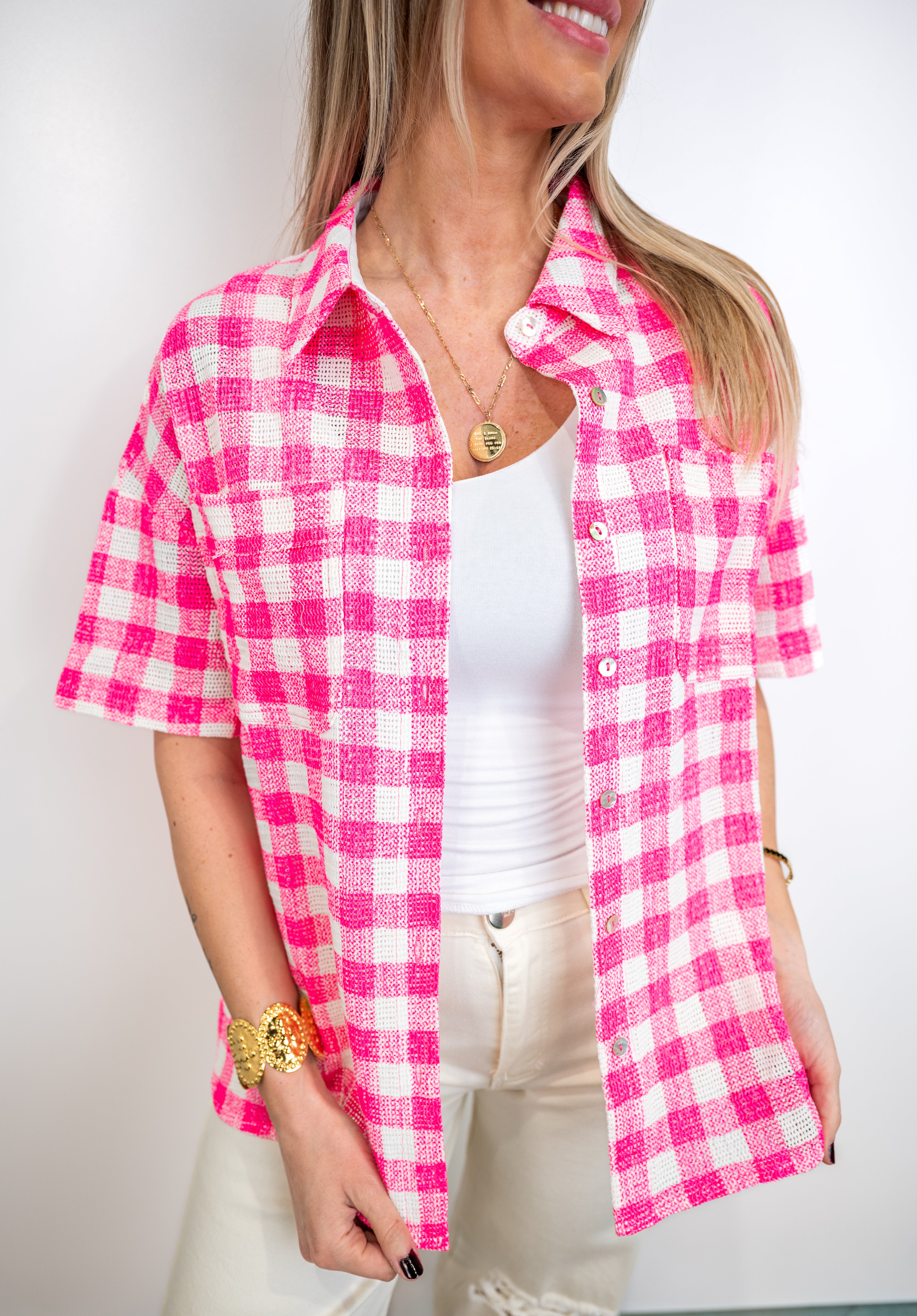 Laidback Grid Woven Top - Neon Pink