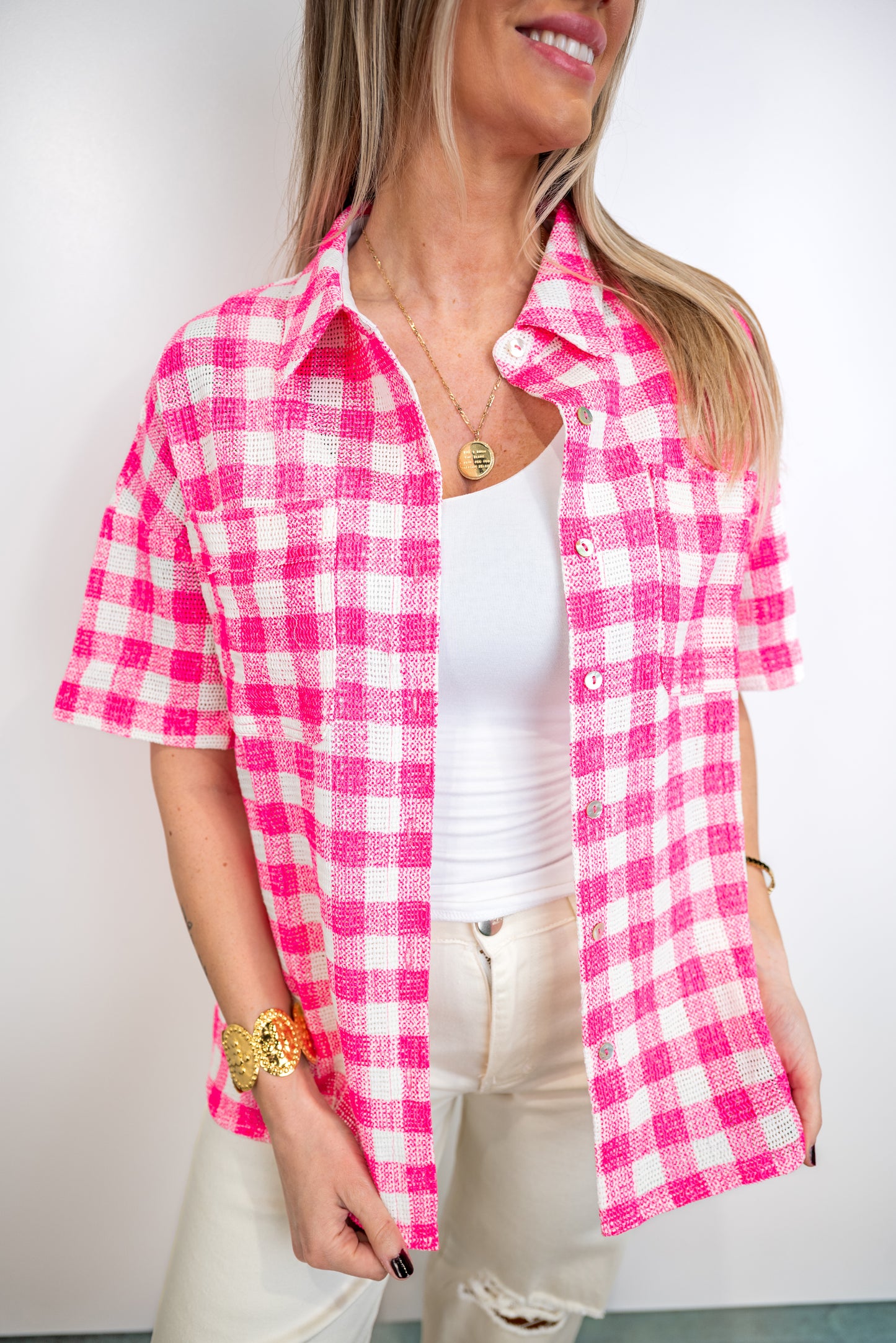 Laidback Grid Woven Top - Neon Pink *Final Sale*
