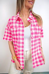 Laidback Grid Woven Top - Neon Pink