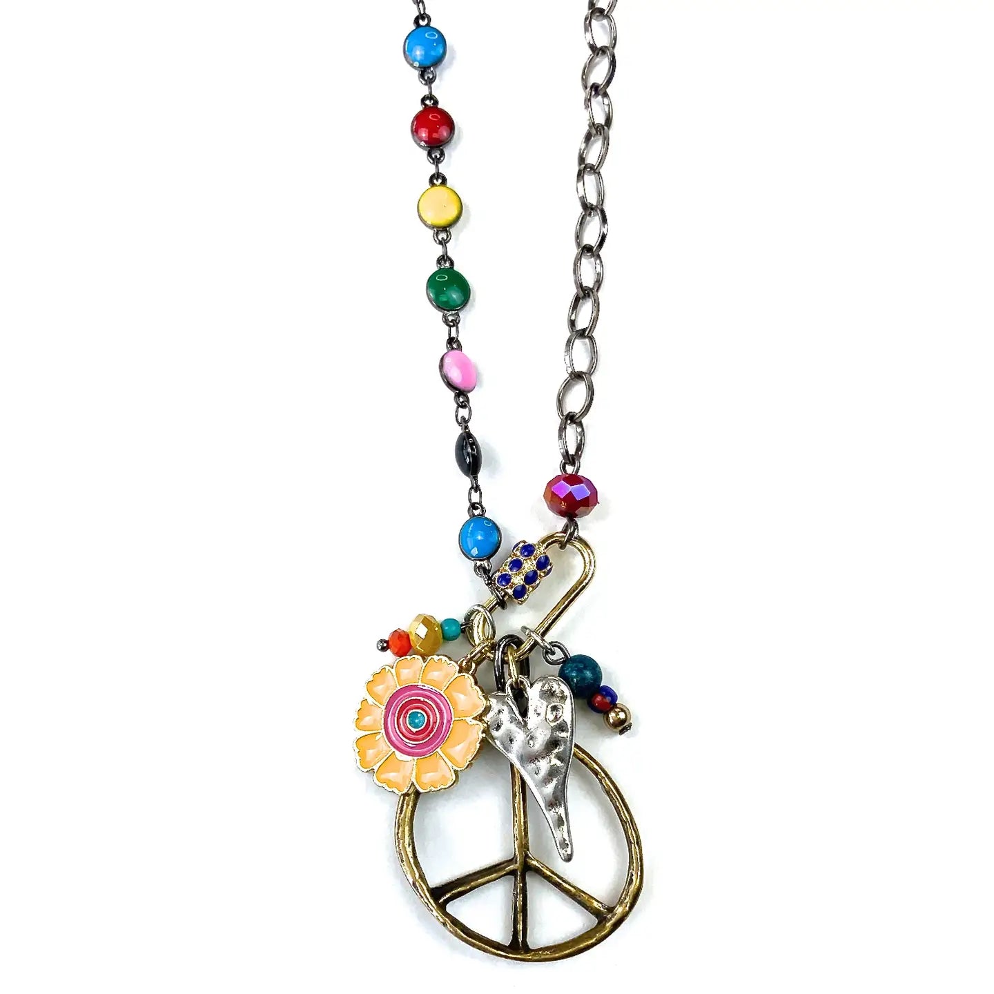Short Enameled Dot Chain W/Peace Sign & Mixed