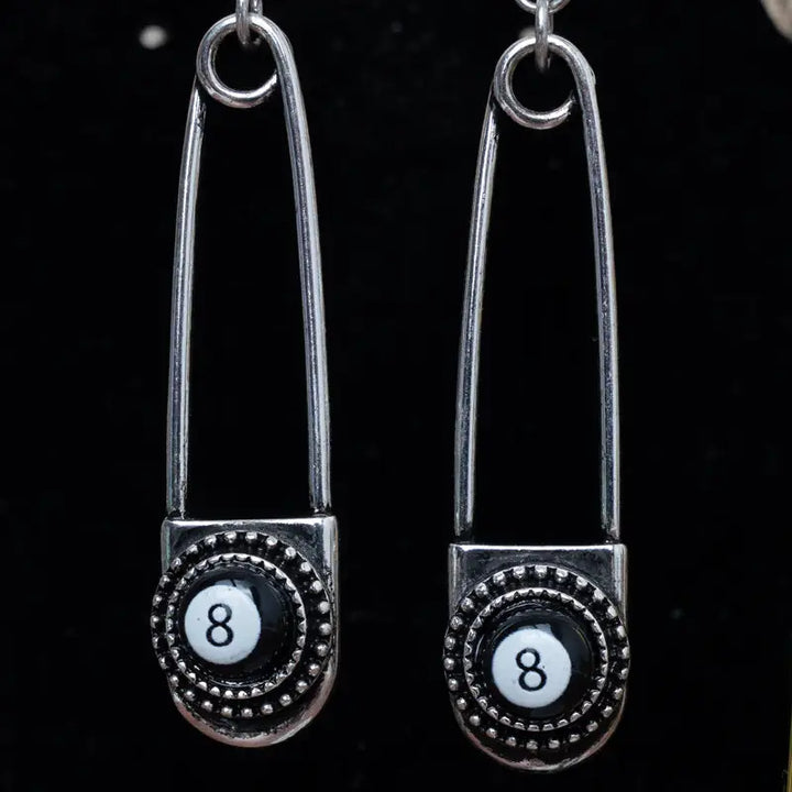 Tipi 8 Ball Safety Pin Silvertone Earrings