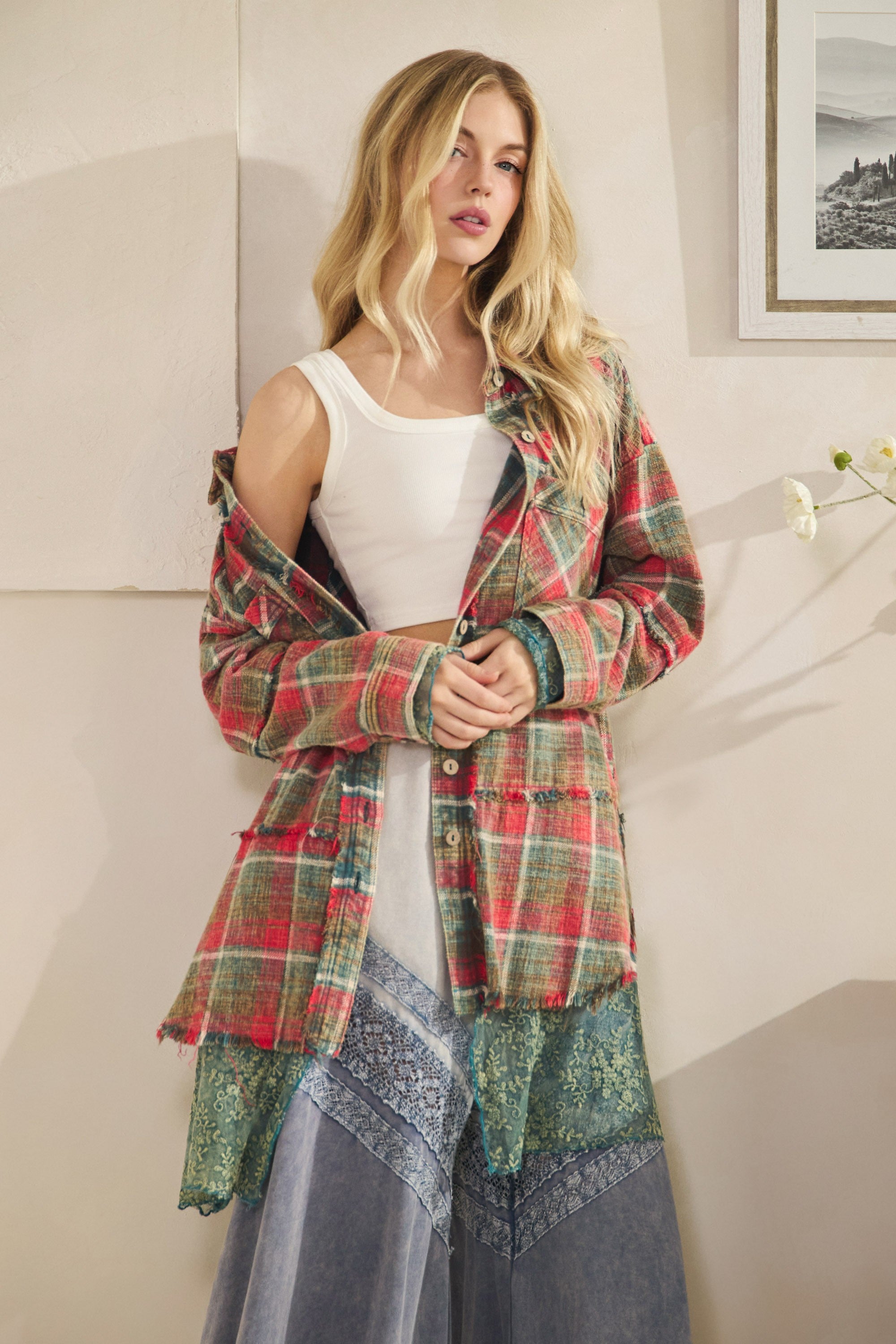 Laced Plaid Shacket - Red