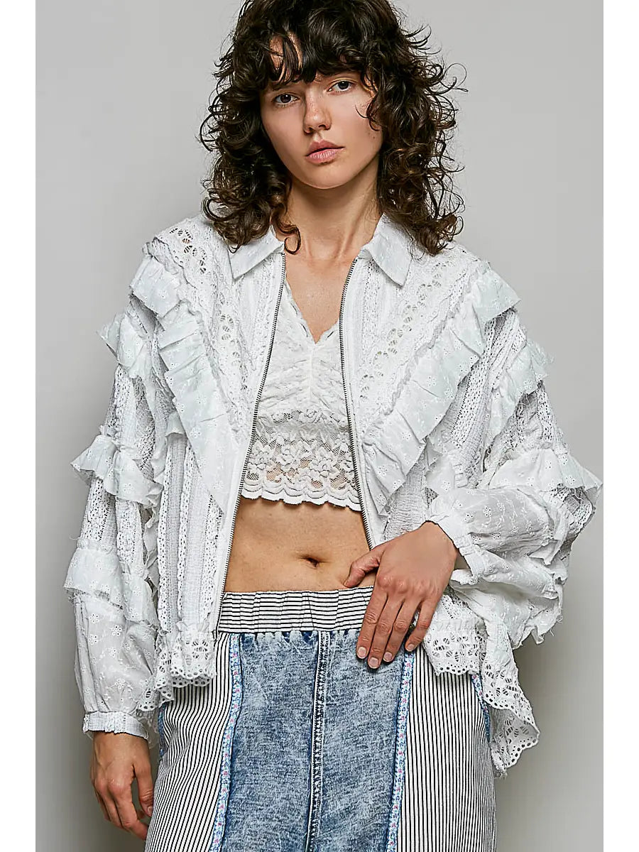Feminine Eyelet Ruffle Floral Trim Lace Zip Front Jacket