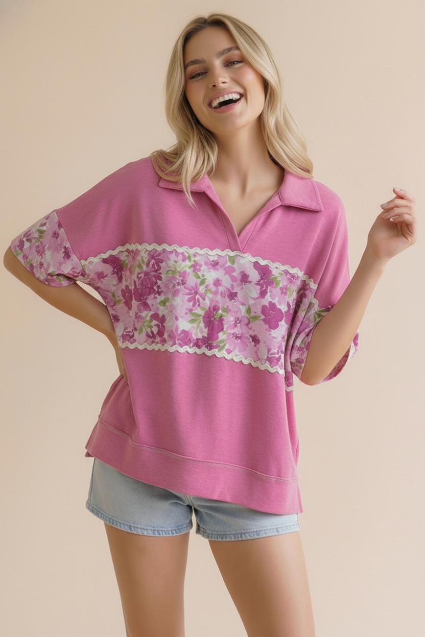 Bloom Panel Relaxed Polo - Pink