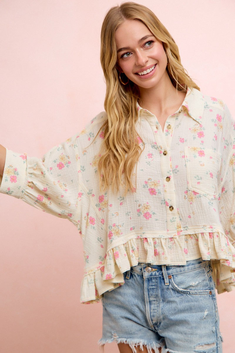 Floral Crinkle Quarter Sleeve Ruffle Hem Shirt Top