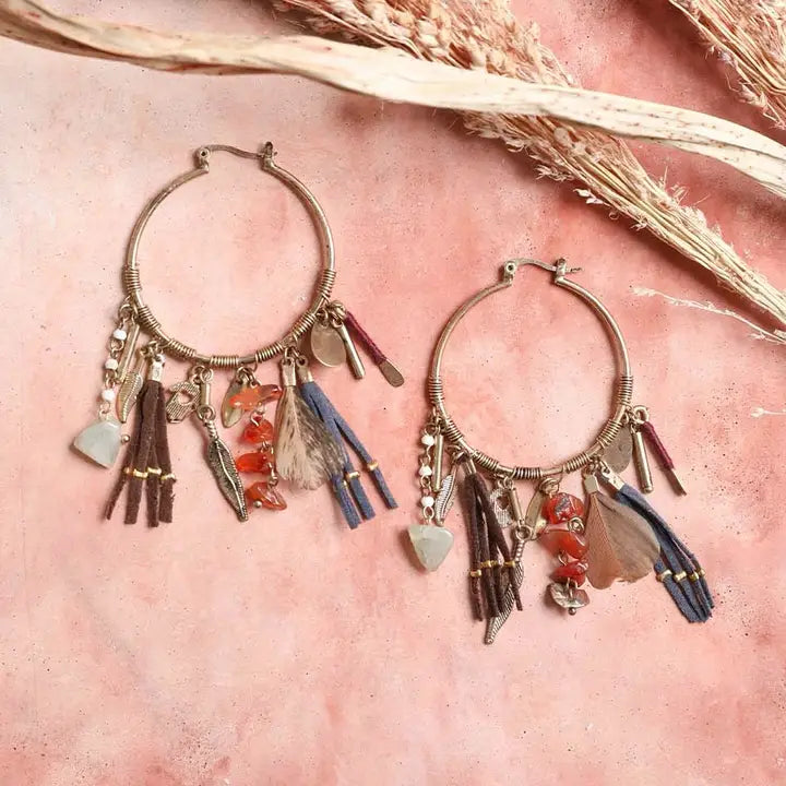 Carnelian & Jade Feather Fringe Hoop Earring