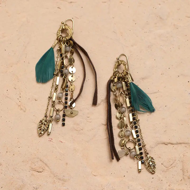 Chic Feather Dangle Earrings – Gold Chains & Beaded Details FINAL SALE