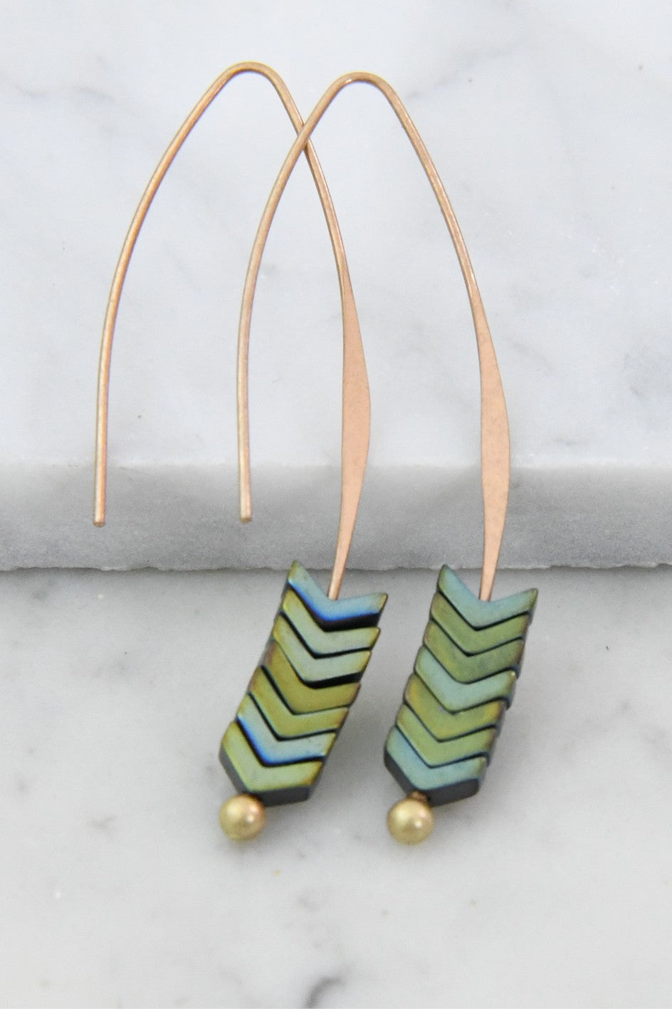 Stone Chevron Drop Earrings - Green