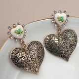 Vintage Porcelain Flower Heart Drop Earrings
