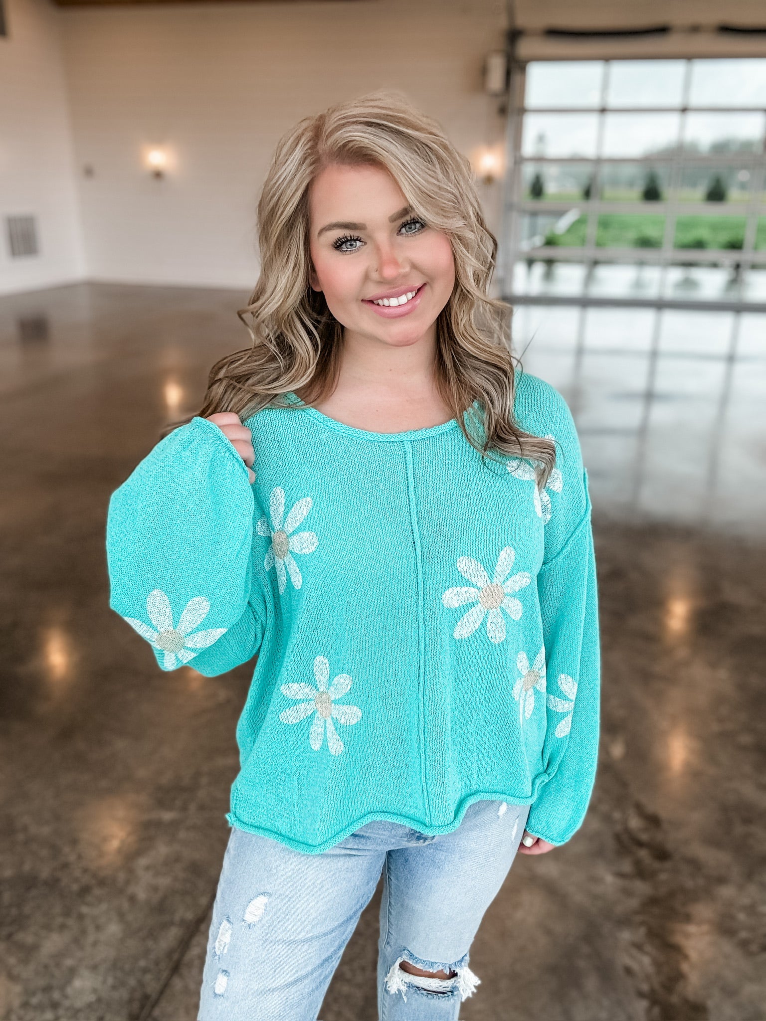 Smell The Flowers Sweater - Mint/White