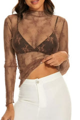 Lace Mesh Sheer Top - Brown DOORBUSTER