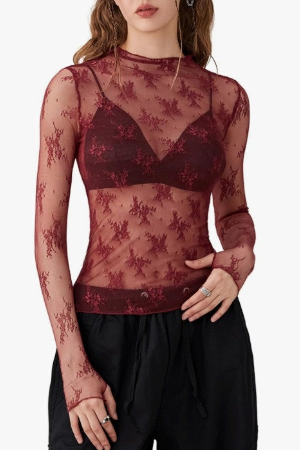 Lace Mesh Sheer Top - Burgundy