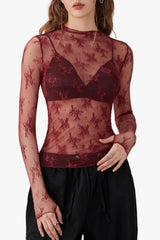 Lace Mesh Sheer Top - Burgundy