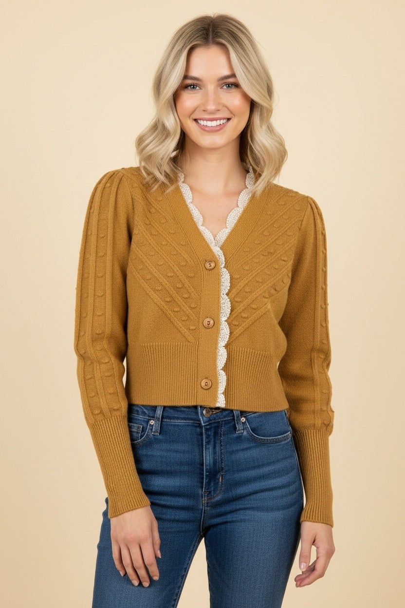 Lace Trim Button Front Knit Cardigan