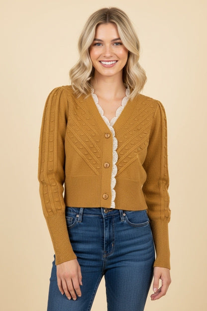 Lace Trim Button Front Knit Cardigan