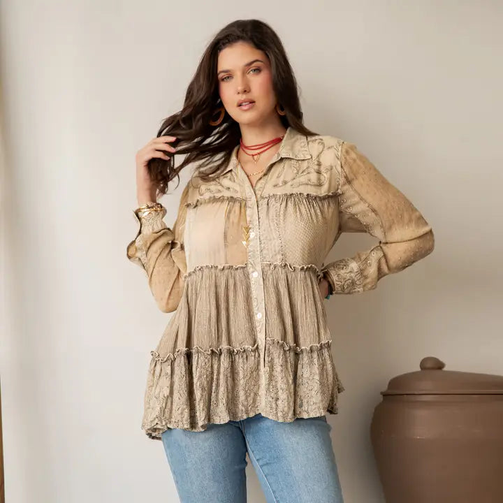 Mineral Wash Tiered Button-Down Blouse with Floral Details - Latte