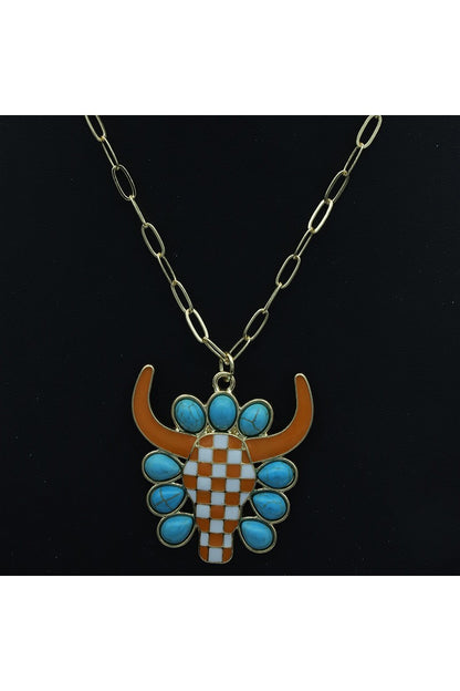 Bull Head Turquoise Check Pendant Necklace