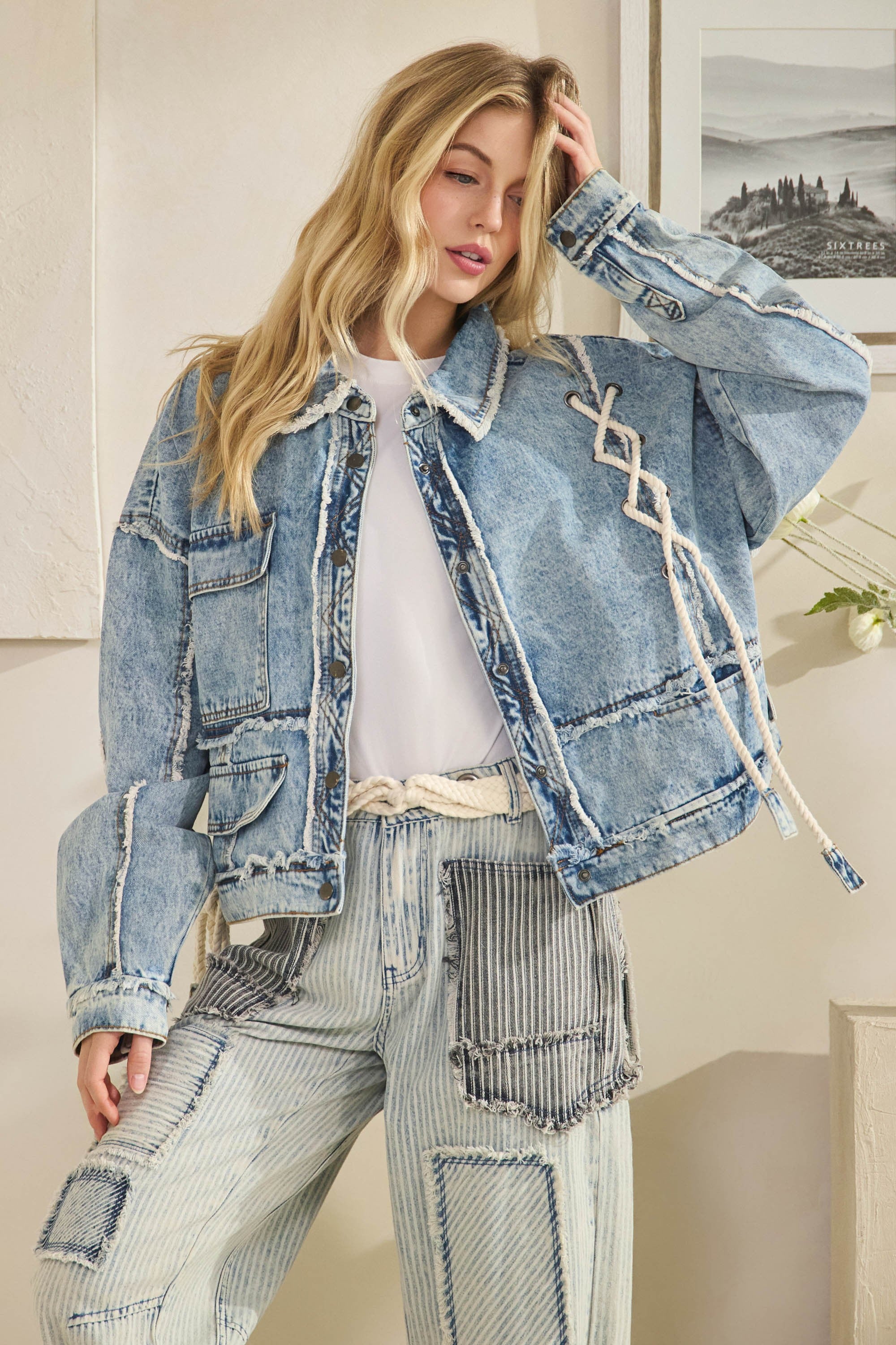 Rope Detailed Patchwork Denim Jacket