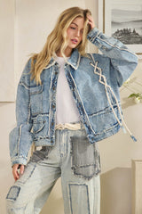 Rope Detailed Patchwork Denim Jacket