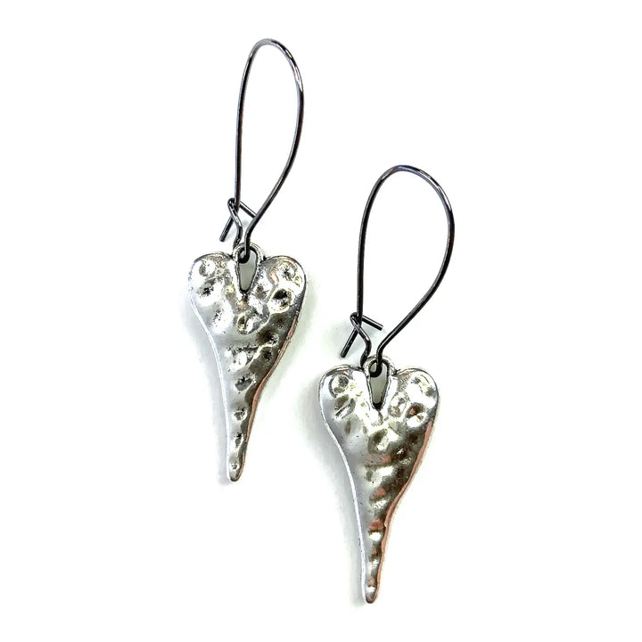 Small Hammered Heart Dangle Earrings On Kidney Wire Silver