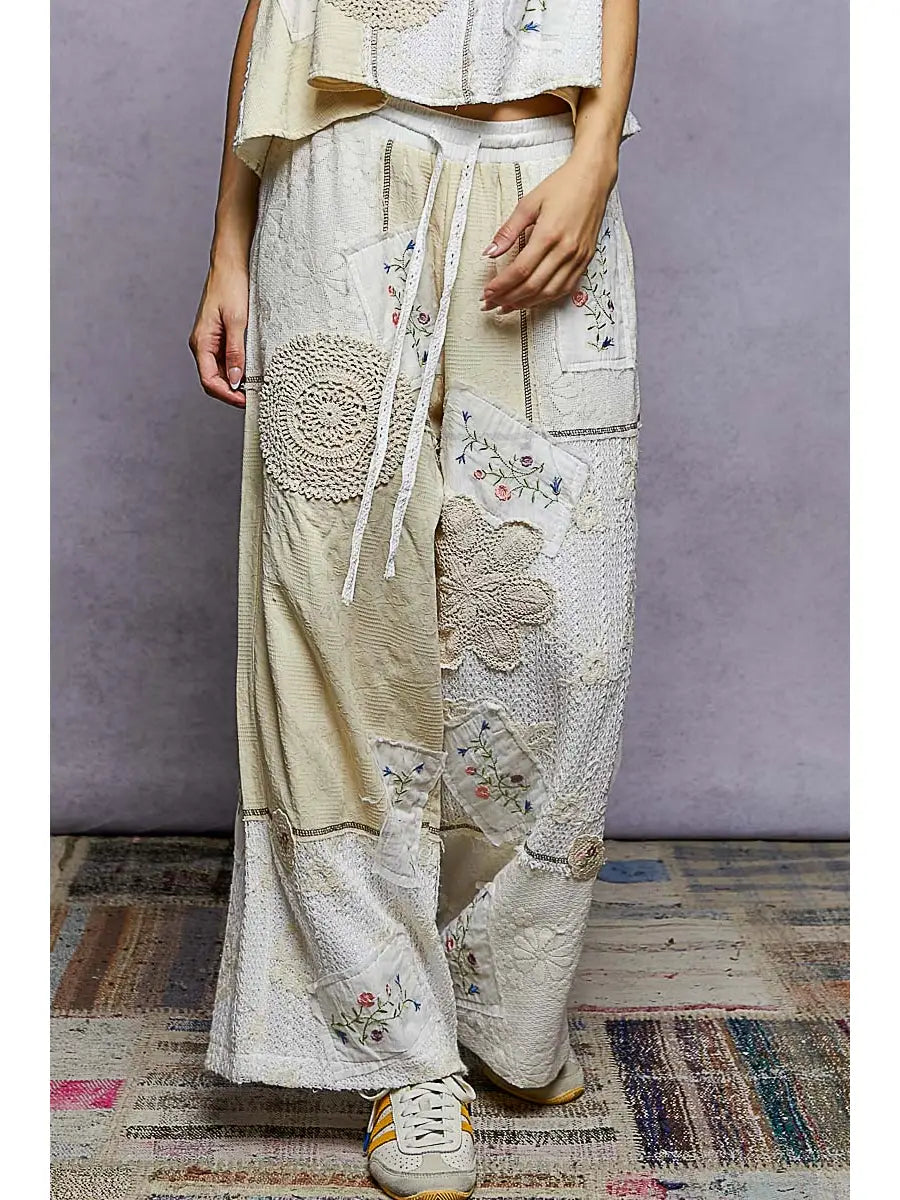 Solid Lace Patch Detail Woven Pants