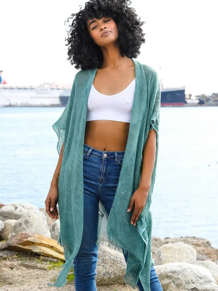 Lightweight Sheer Kimono with Sequin - Teal