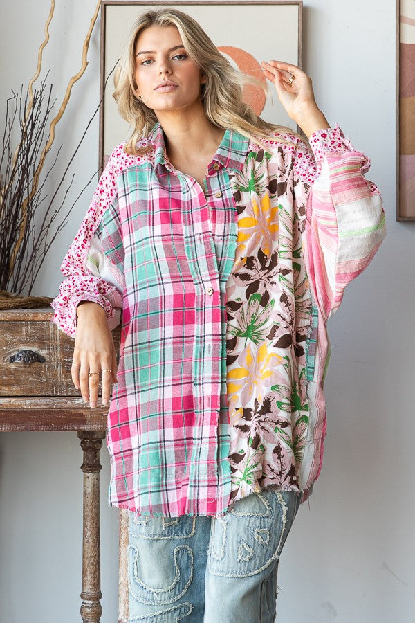 Washed Print Mixed Button Down Shirt