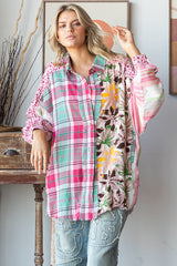 Washed Print Mixed Button Down Shirt
