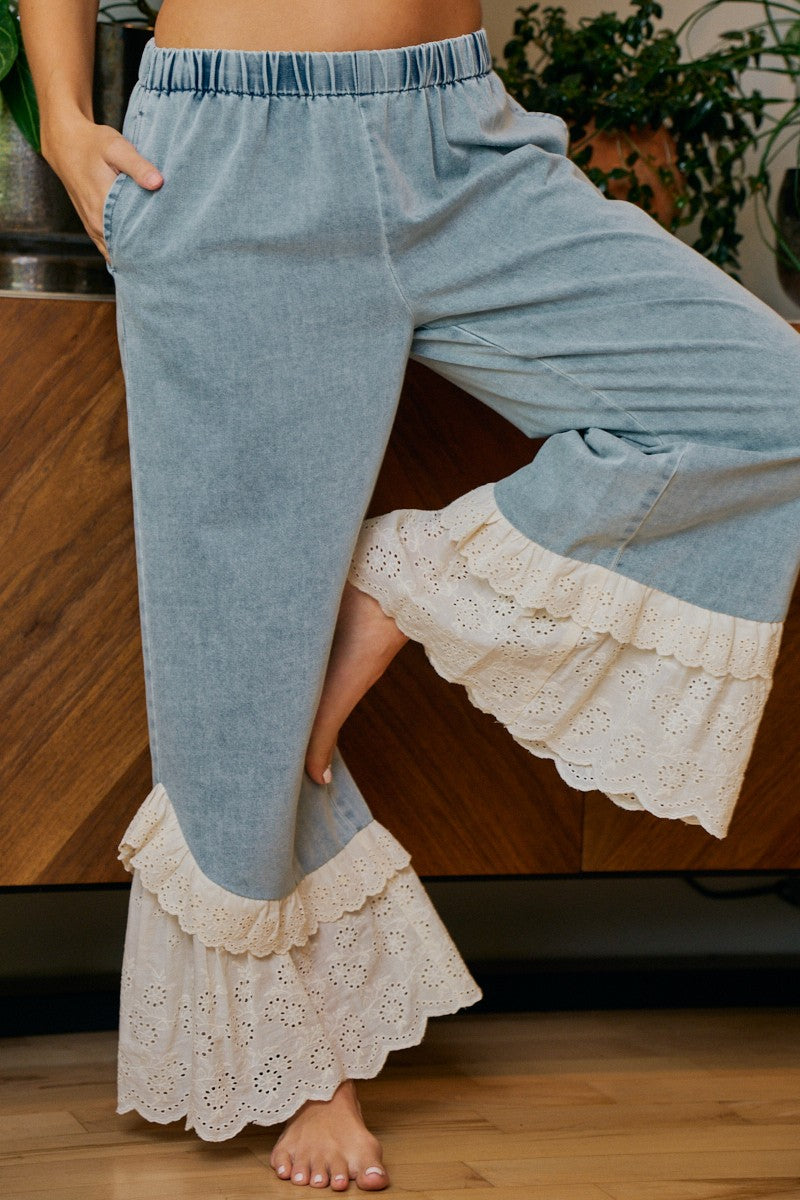 Washed Denim With Ruffled Lace Hem Pants