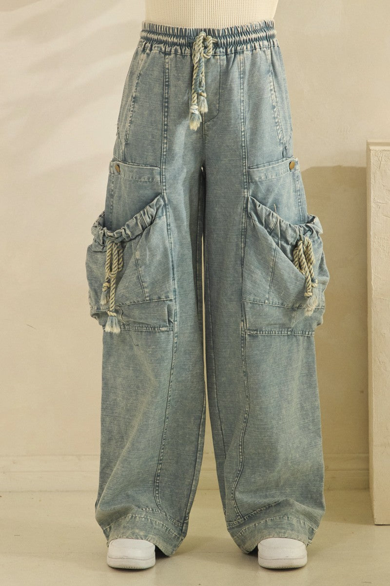 Washed Elastic Waist String Point Big Pocket Pants