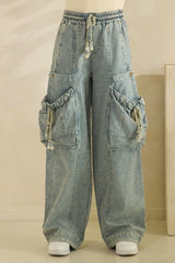 Washed Elastic Waist String Point Big Pocket Pants