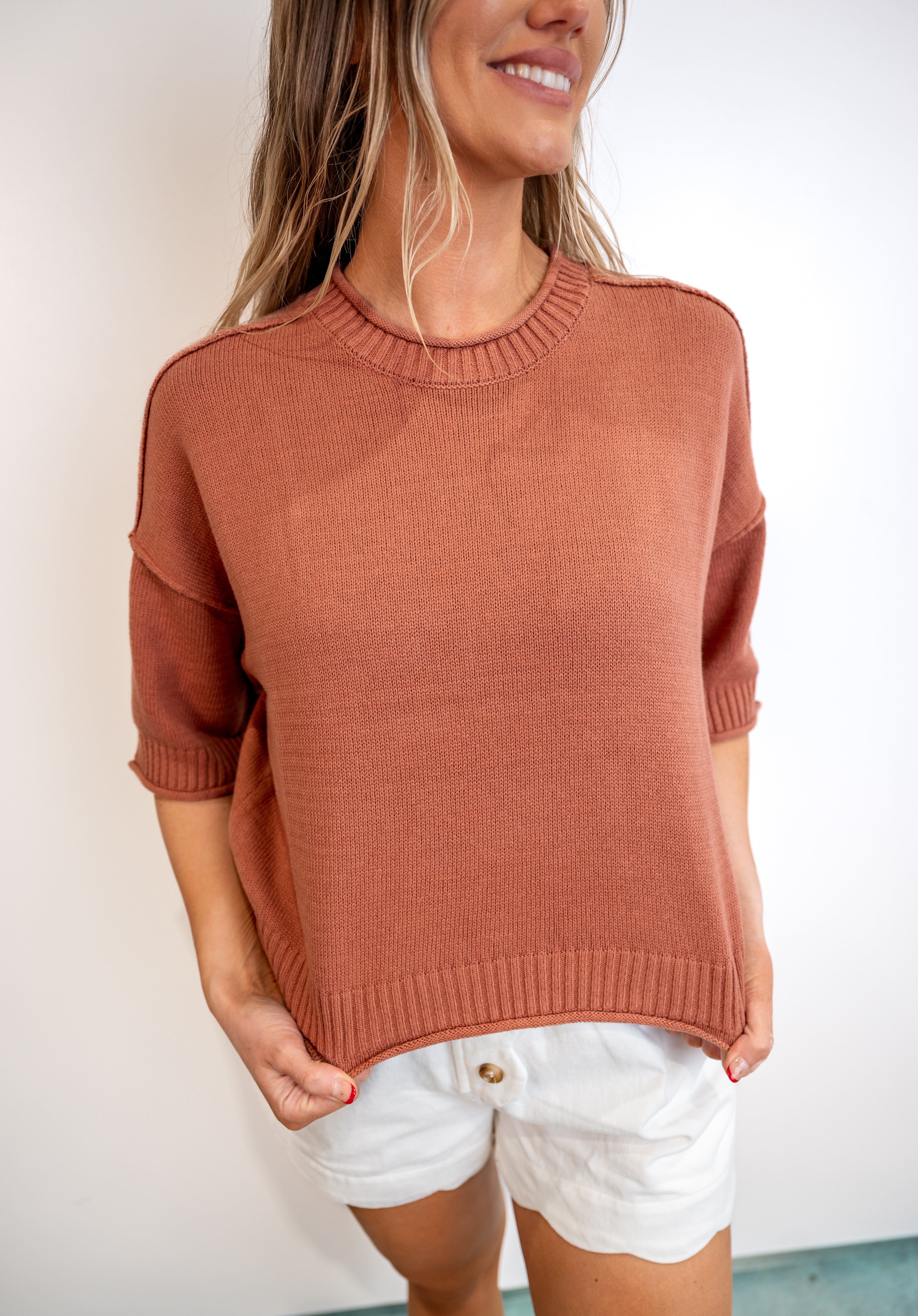 Exposed-Seam Drop-Shoulder Short-Sleeve Pullover - Sienna