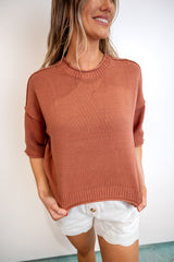 Exposed-Seam Drop-Shoulder Short-Sleeve Pullover - Sienna