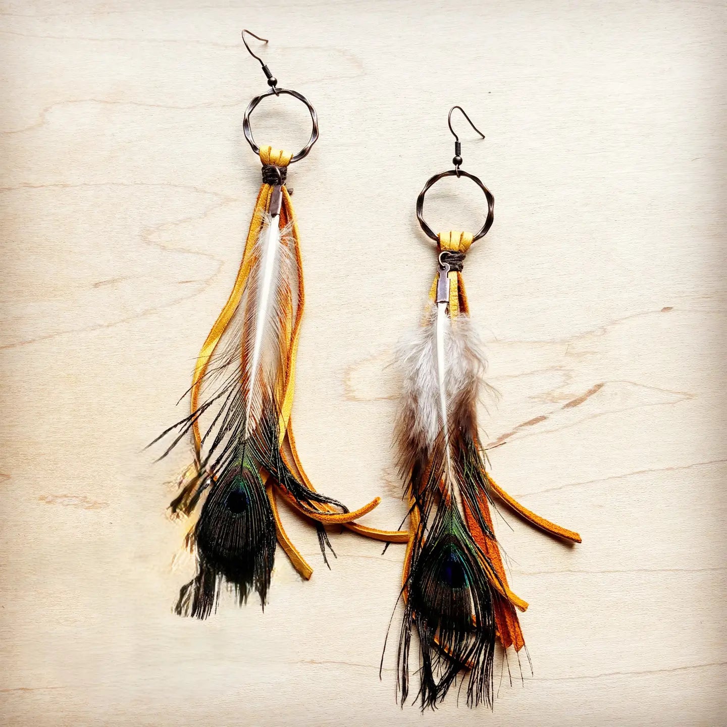 Yellow Deer Skin Leather & Peacock Feather Tassel Earring