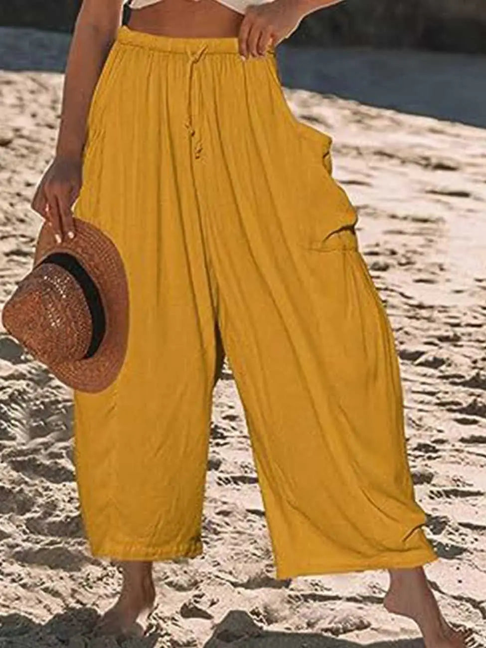 Ladies Solid Color Elastic Waist Pocket Pants