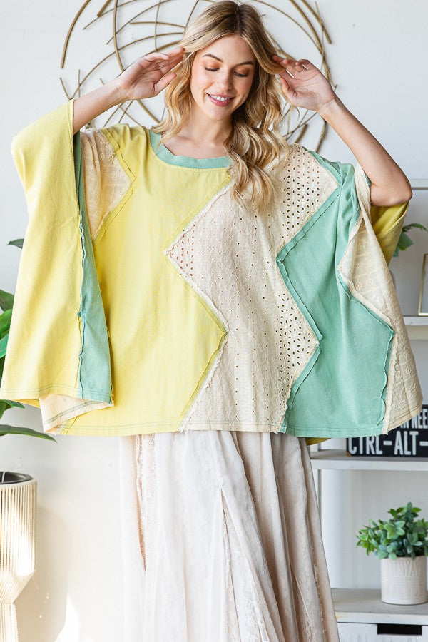 Washed Multicolor Zigzag Oversized Top - Green